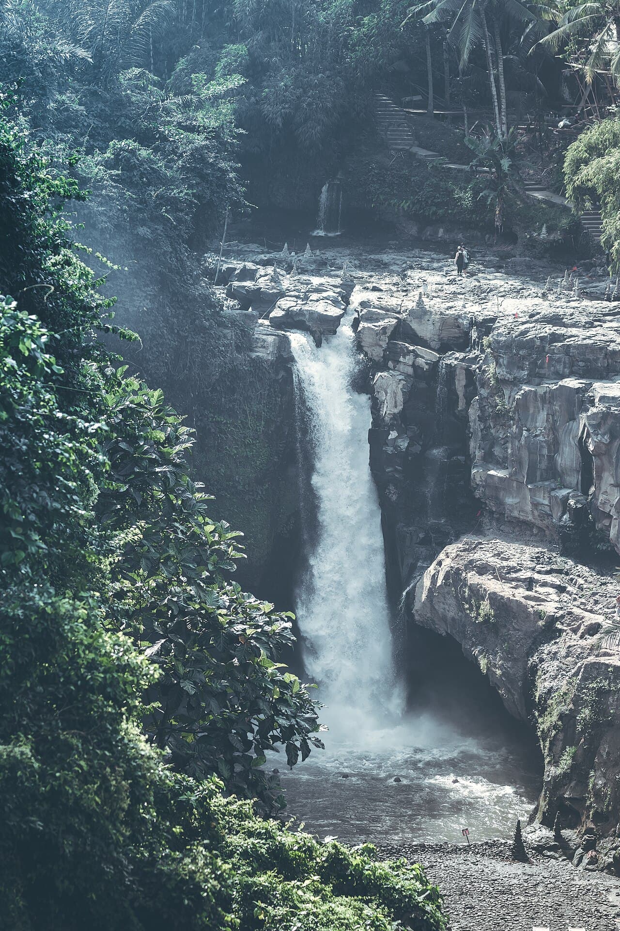 A tall jungle waterfall cascading into a pool surrounded by greenery in Bali