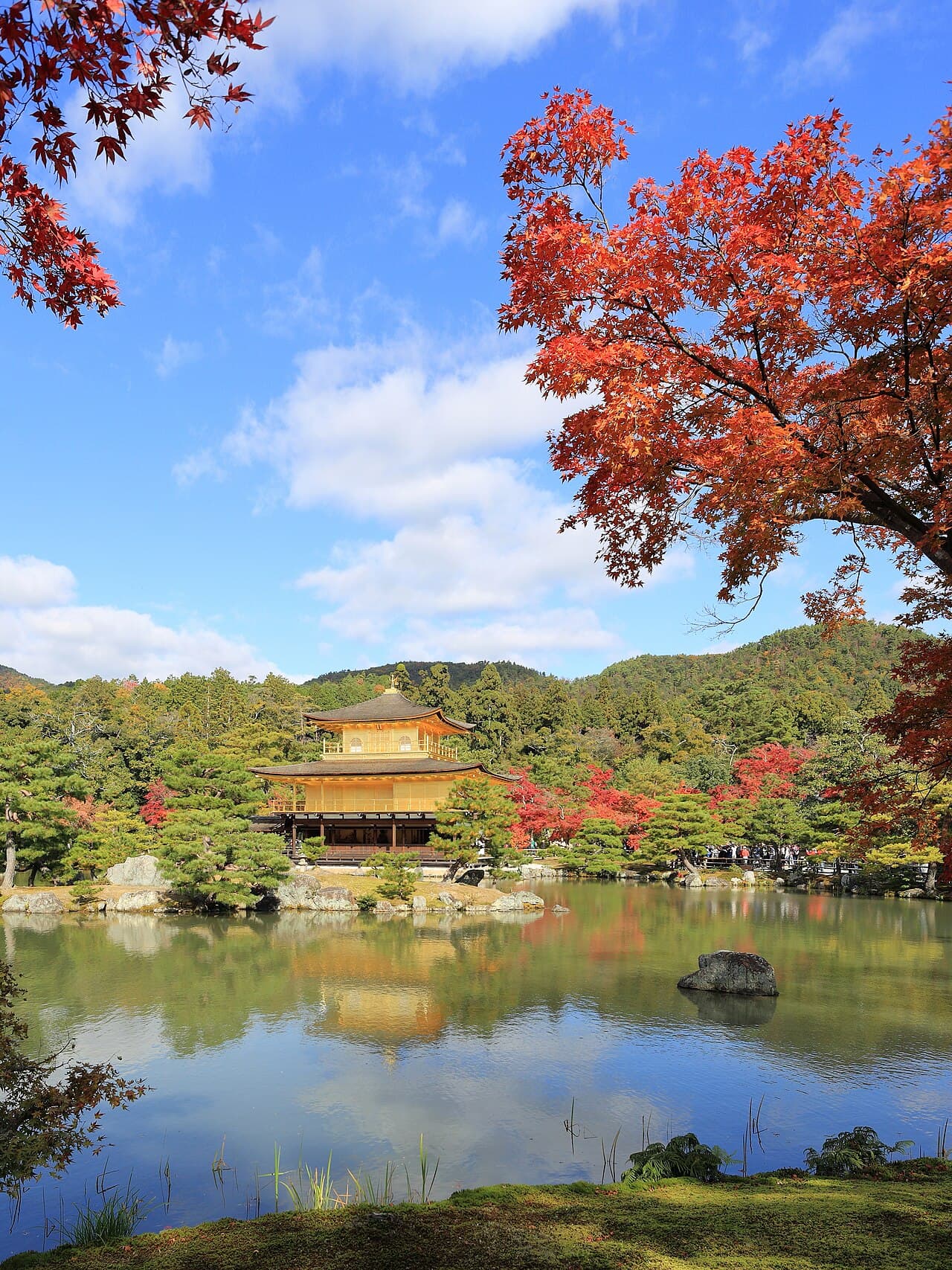 The gold-covered Kinkaku-ji pavilion reflected in a still pond, Kyoto