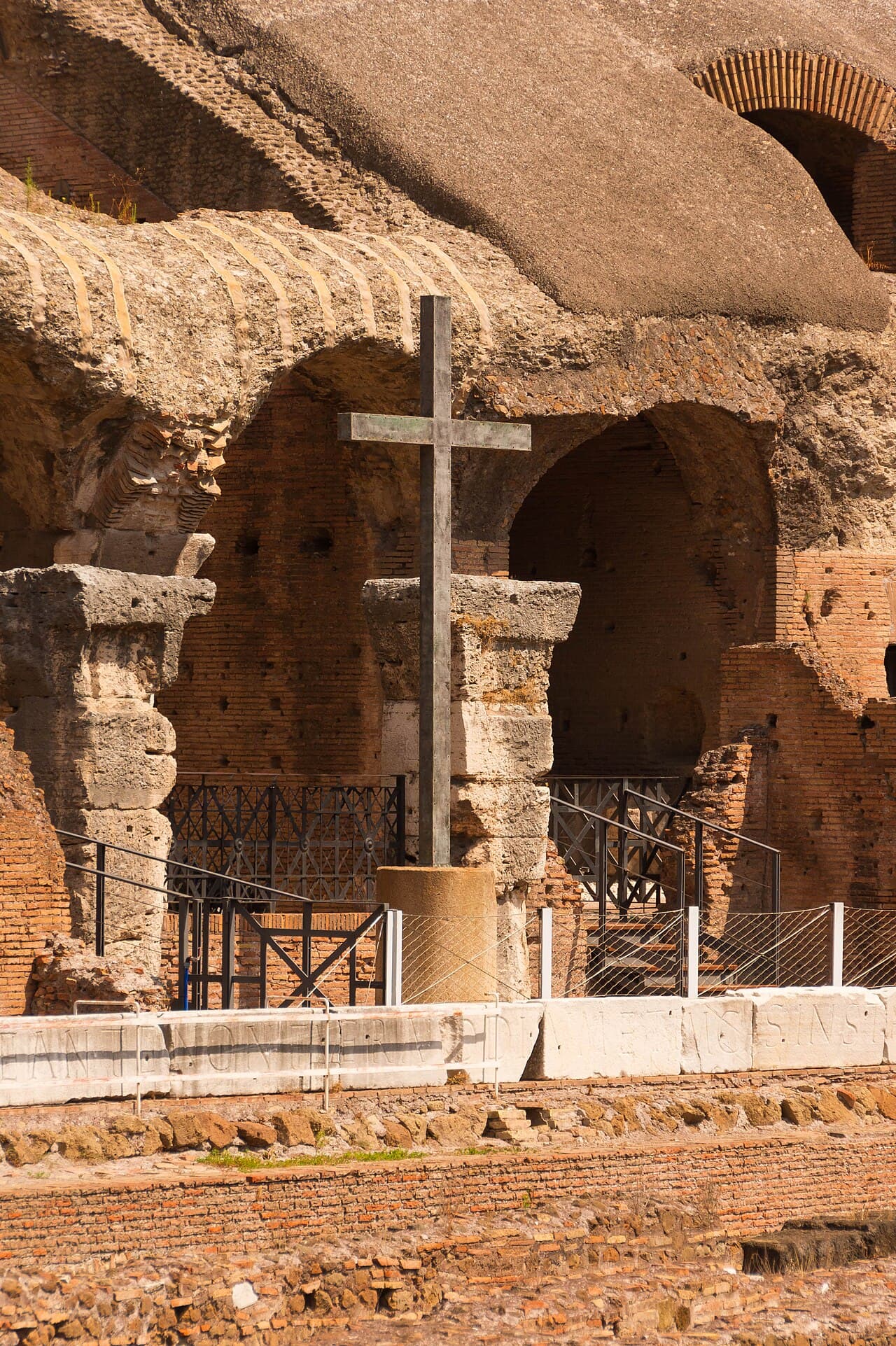 The tiered arches and arena floor inside the Roman Colosseum
