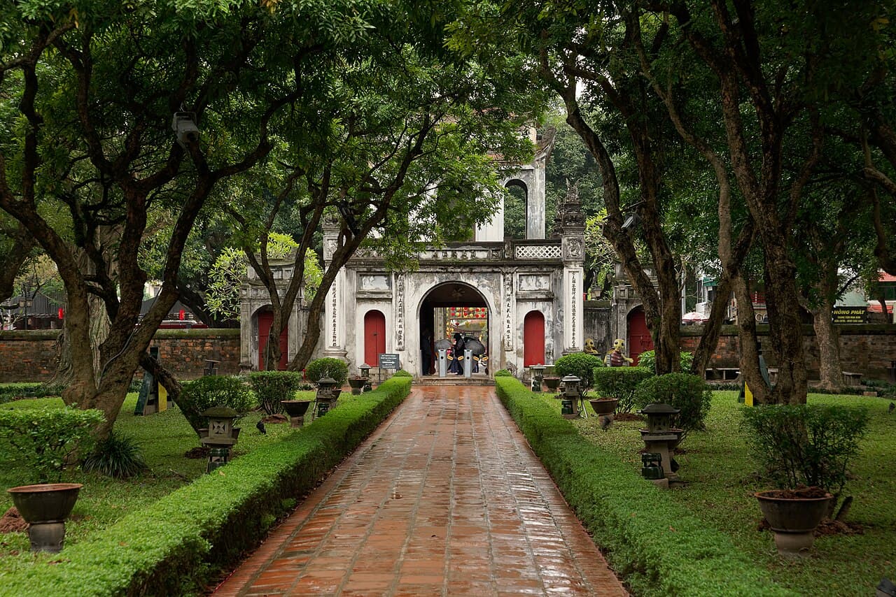 A traditional gateway and courtyard at the Temple of Literature, Hanoi